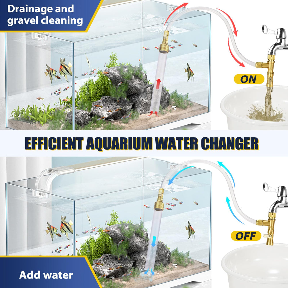 GADFISH water-change setup showing long 30ft hose for easy draining.