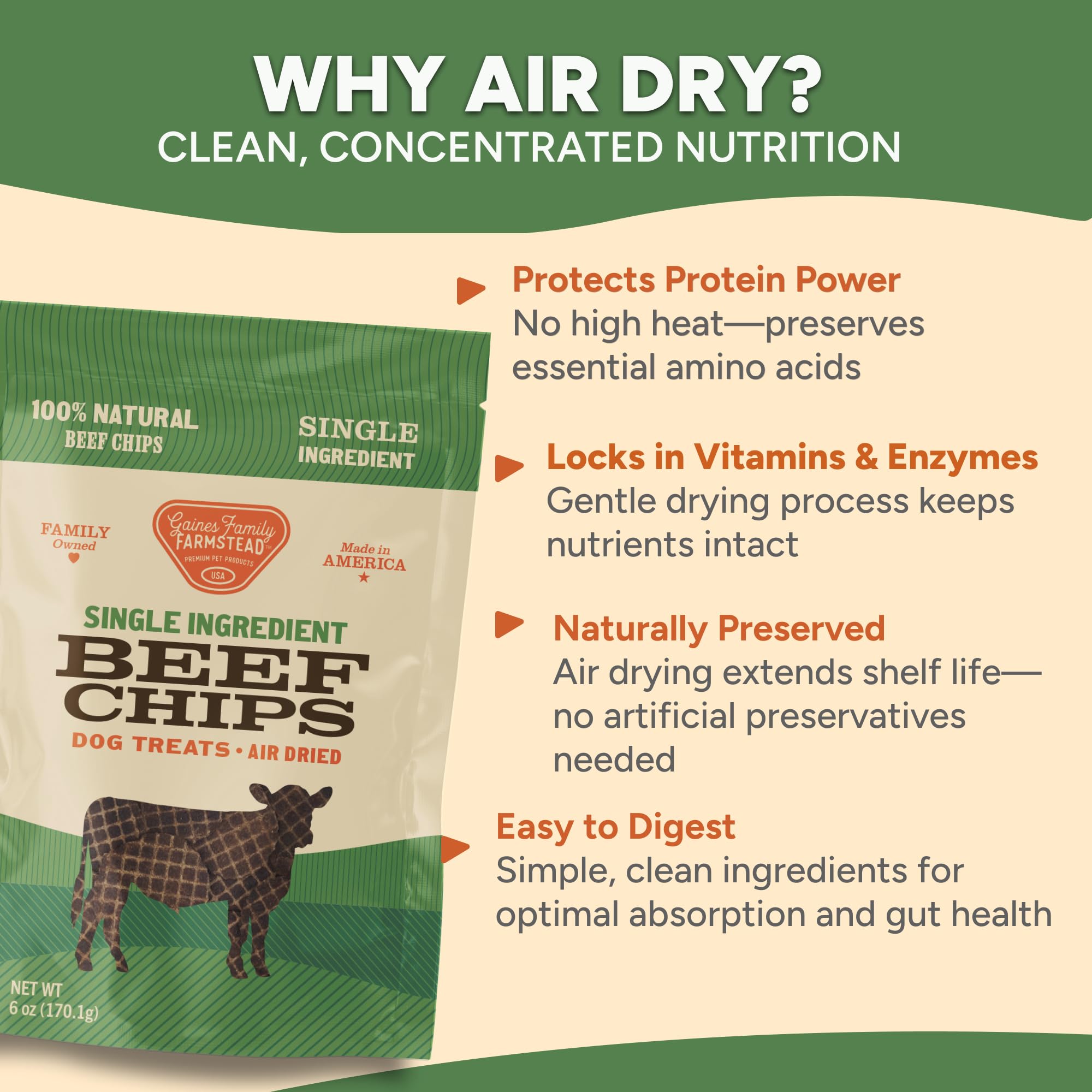 Gaines Family Farmstead Beef Chips air-dried process preserves proteins and nutrients.