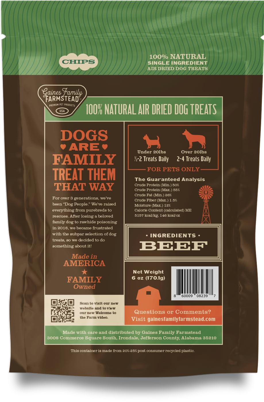 Gaines Family Farmstead Beef Chips preservative-free nutrition for pups.