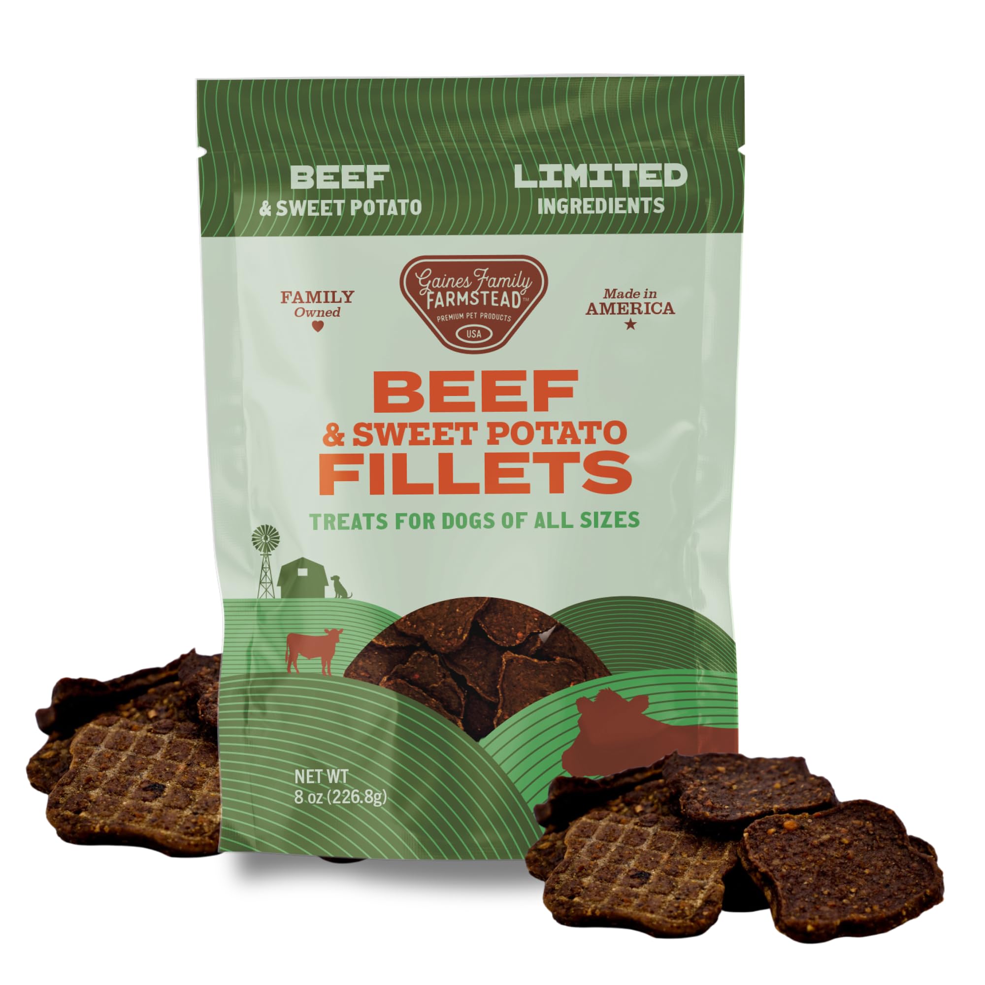 Gaines Family Farmstead beef and sweet potato fillets 8oz bag for grain-free, palatable treats