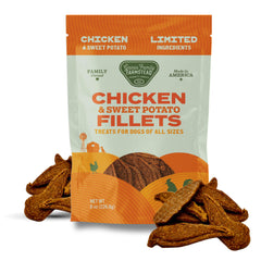 Gaines Family Farmstead pouch front shows all-natural chicken and sweet potato dog treats for rewards.
