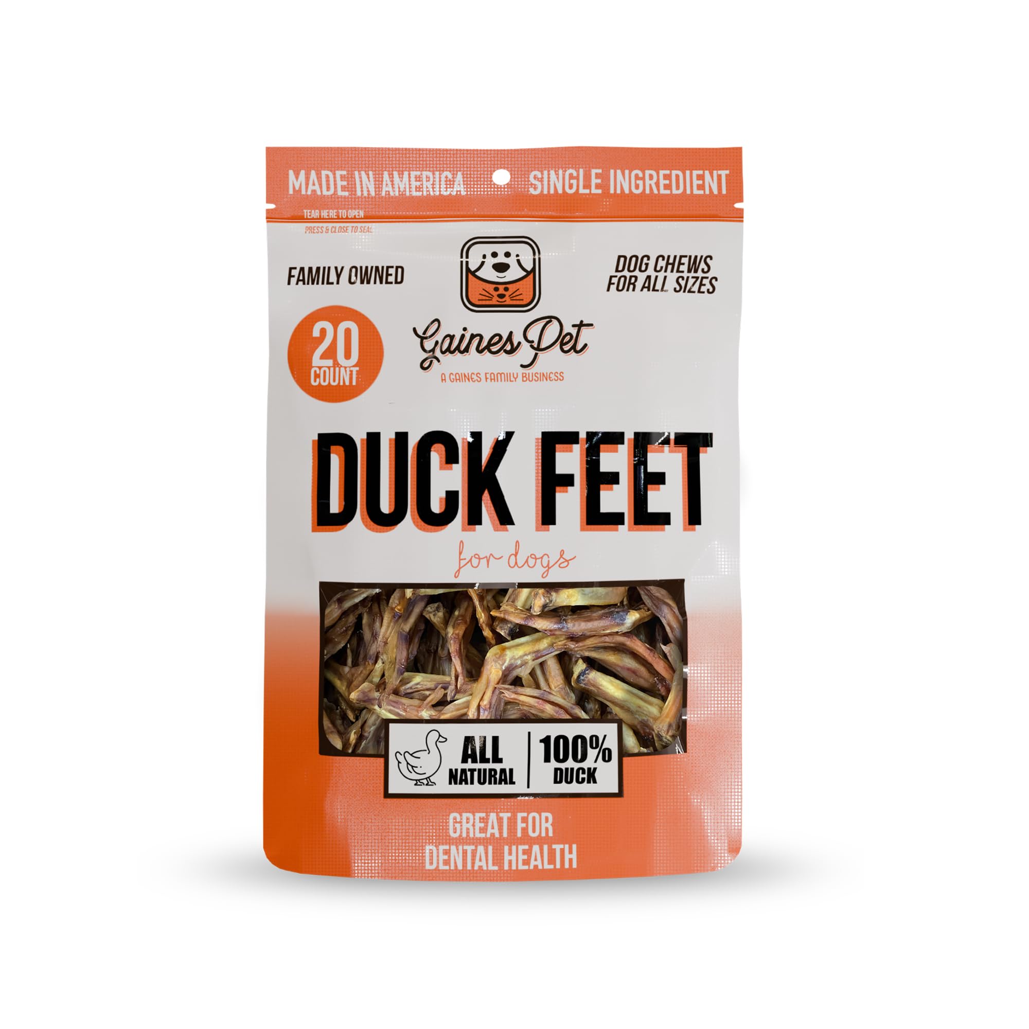 Gaines Family Farmstead duck feet dog treats packaging—USA-made, single-ingredient chew.