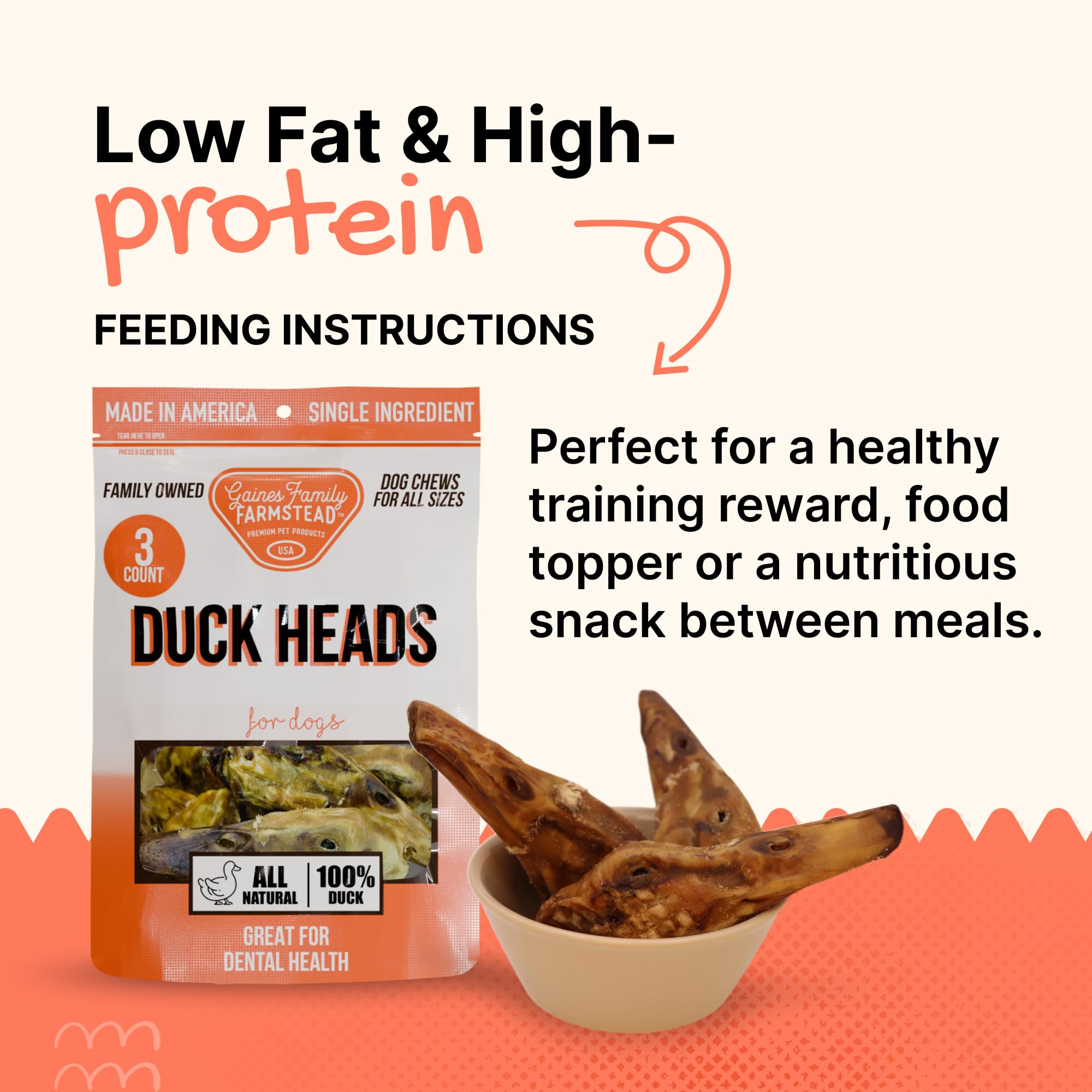 Gaines Family Farmstead duck heads calcium and glucosamine content emphasized.
