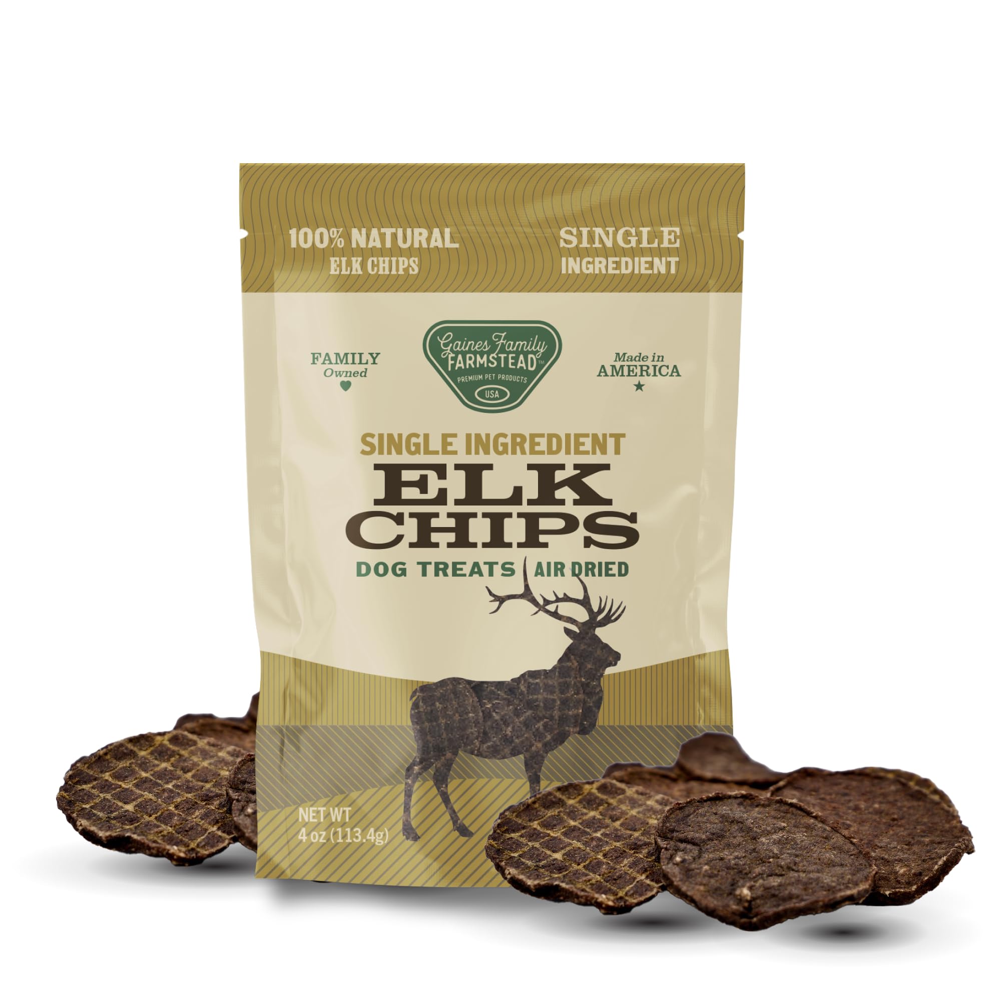 Gaines Family Farmstead Elk Chips 4oz pack—protein-rich dog treat.