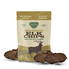 Gaines Family Farmstead Elk Chips 4oz pack—protein-rich dog treat.