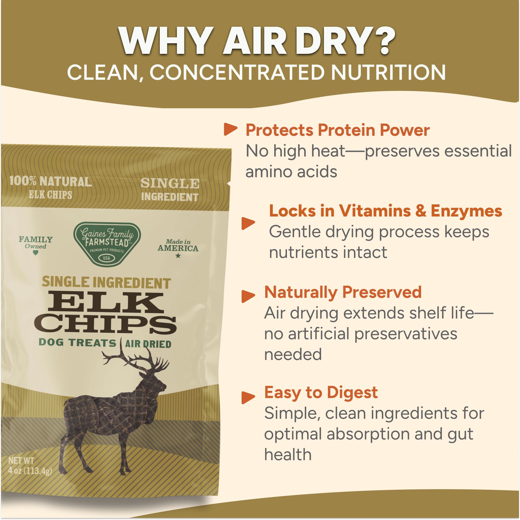 Gaines Family Farmstead Elk Chips rawhide-free label as alternative chew.