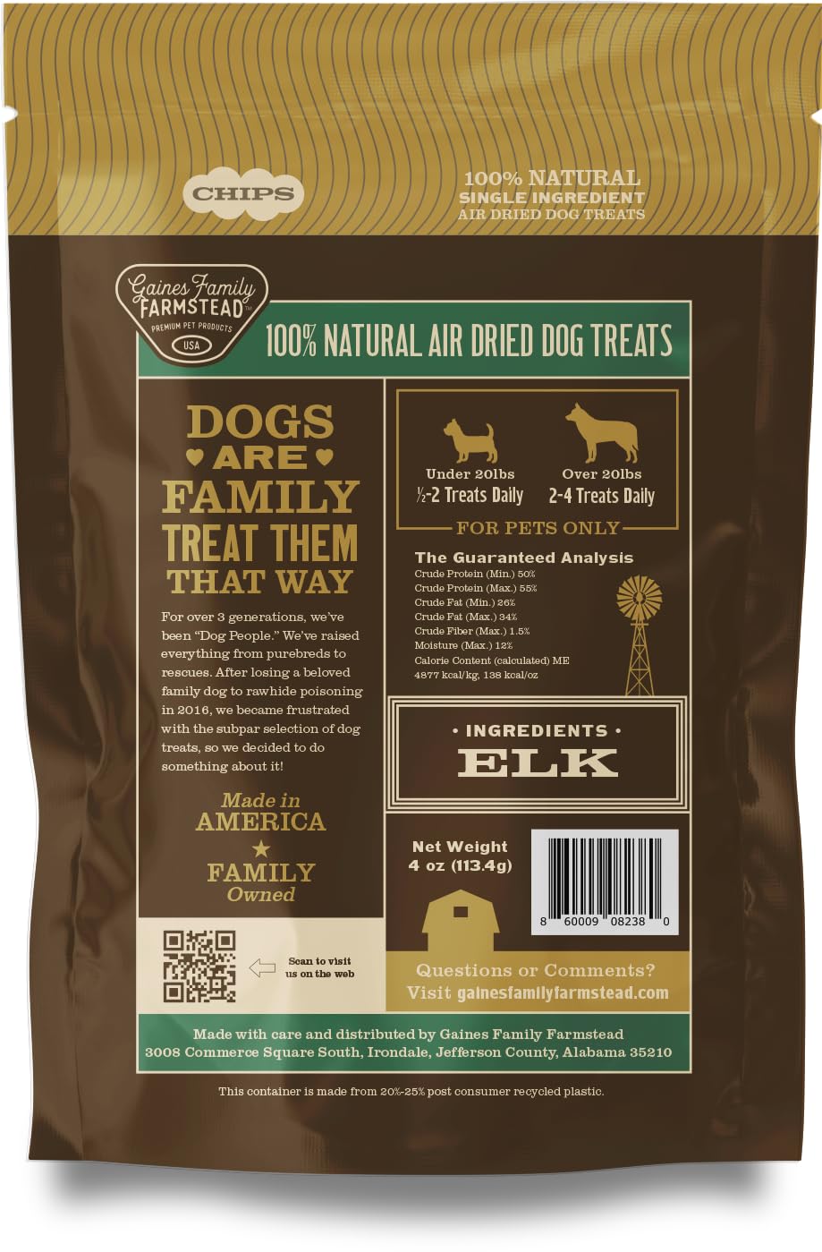 Gaines Family Farmstead Elk Chips training-ready treats for rewards.