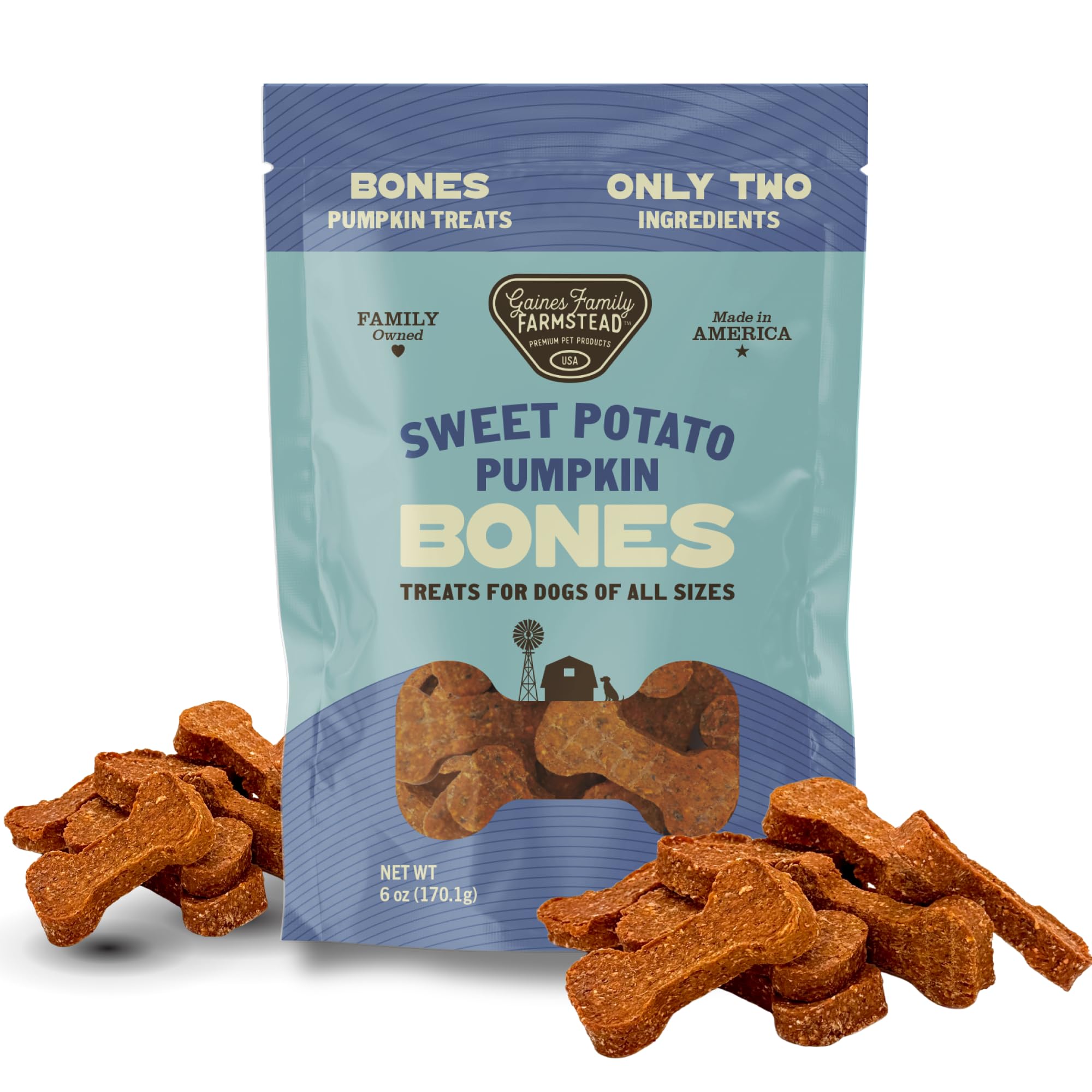 Gaines Family Farmstead Pumpkin & Sweet Potato Dog Bones bag closeup shows natural ingredients for gentle digestion
