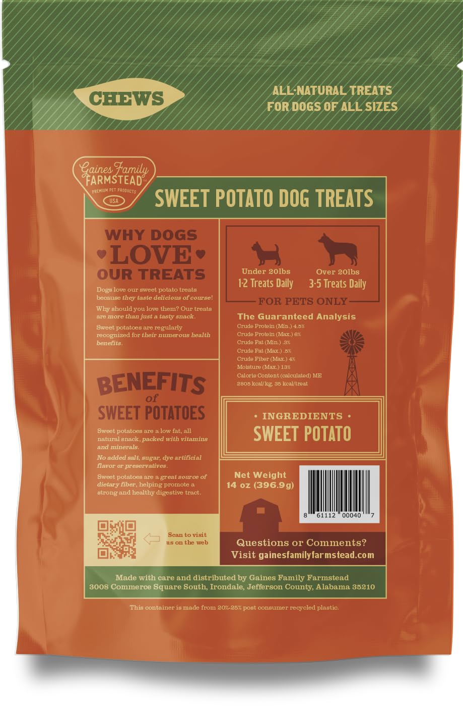 Gaines Family Farmstead Sweet Potato Chews north-carolina-grown ingredients highlighted for quality.