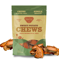 Gaines Family Farmstead packaging of sweet potato chews shows premium USA-made dog treats for daily chews.