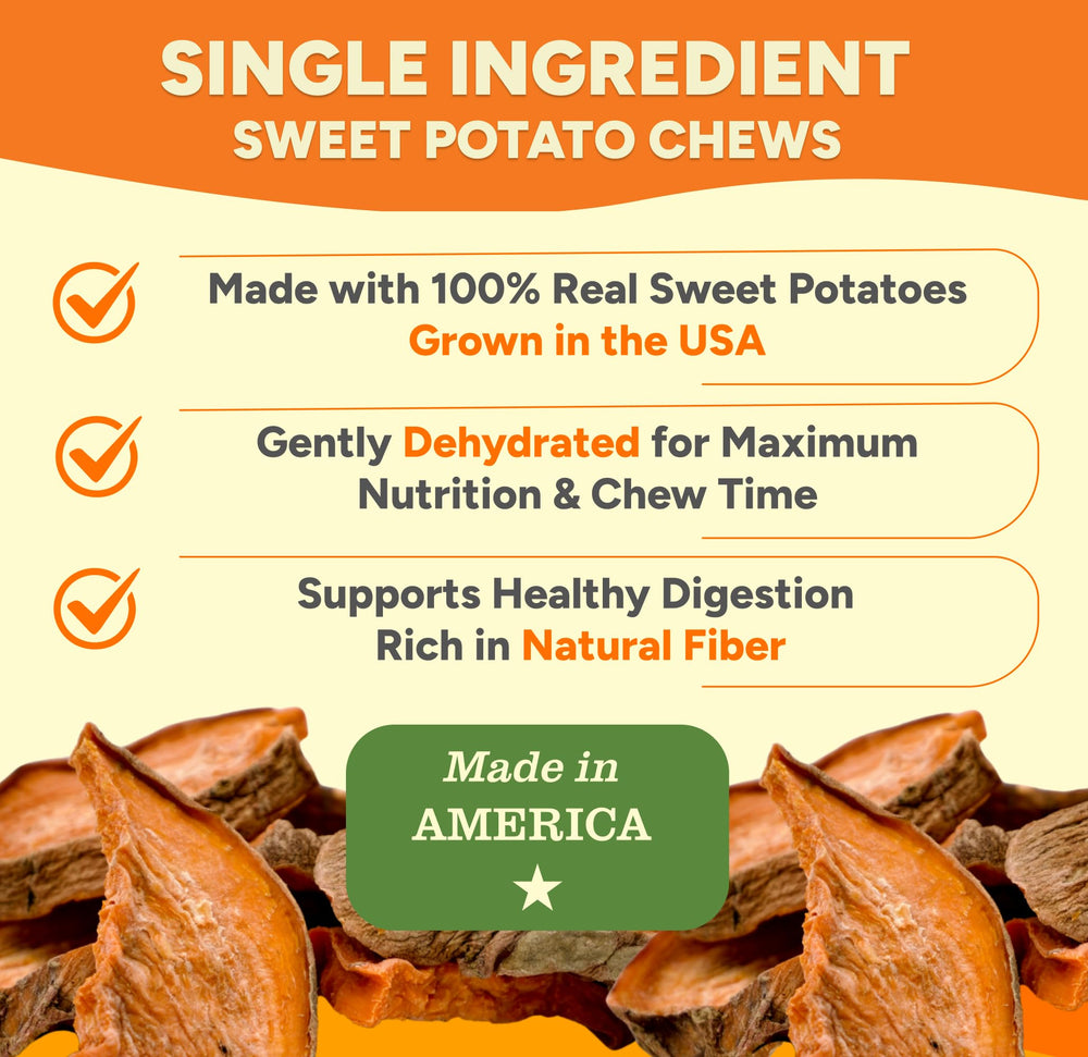 Gaines Family Farmstead Sweet Potato Chews single-ingredient on-shelf display highlights USA-made quality.