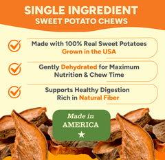 Gaines Family Farmstead Sweet Potato Chews single-ingredient on-shelf display highlights USA-made quality.