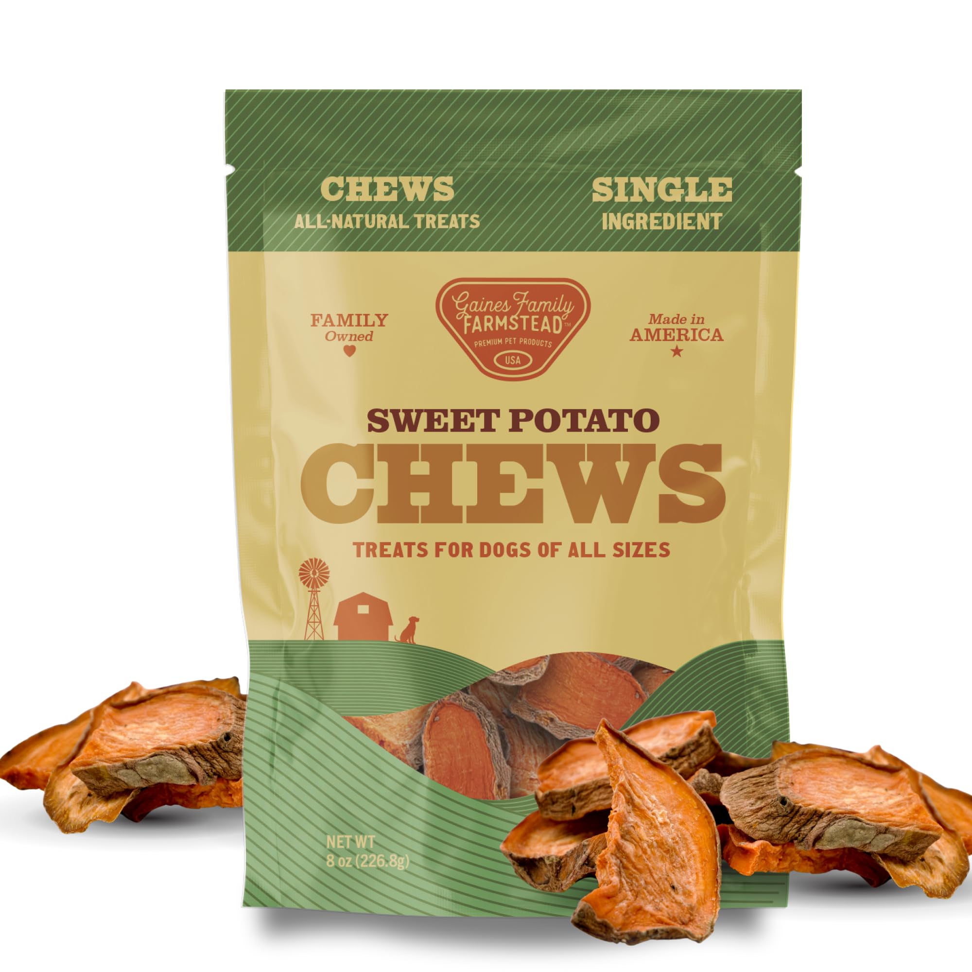 Gaines Family Farmstead Sweet Potato Chews unopened-bag shows all-natural, single-ingredient dog treat.