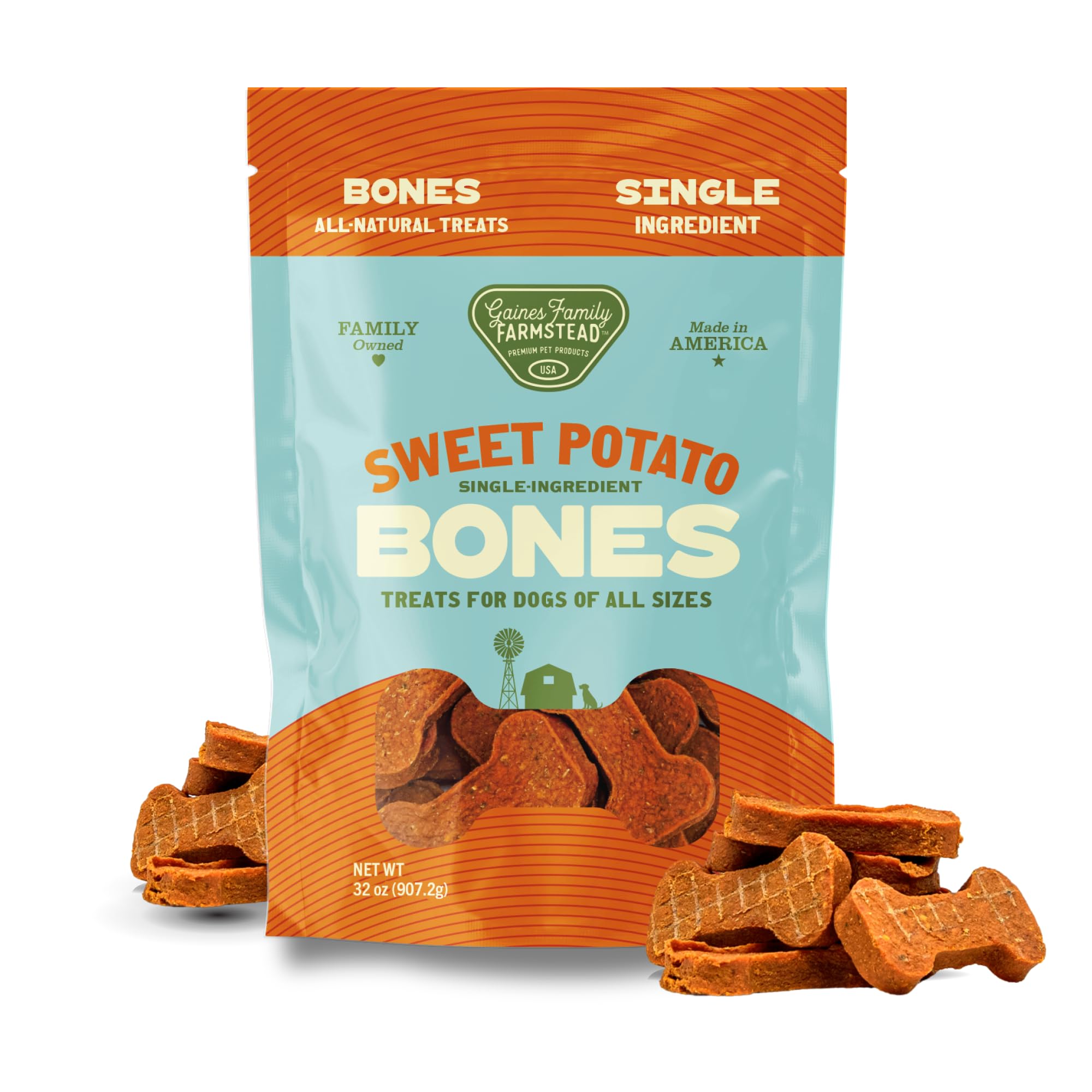 Gaines Family Farmstead Sweet Potato Dog Bones bag front highlighting all-natural, single-ingredient formula