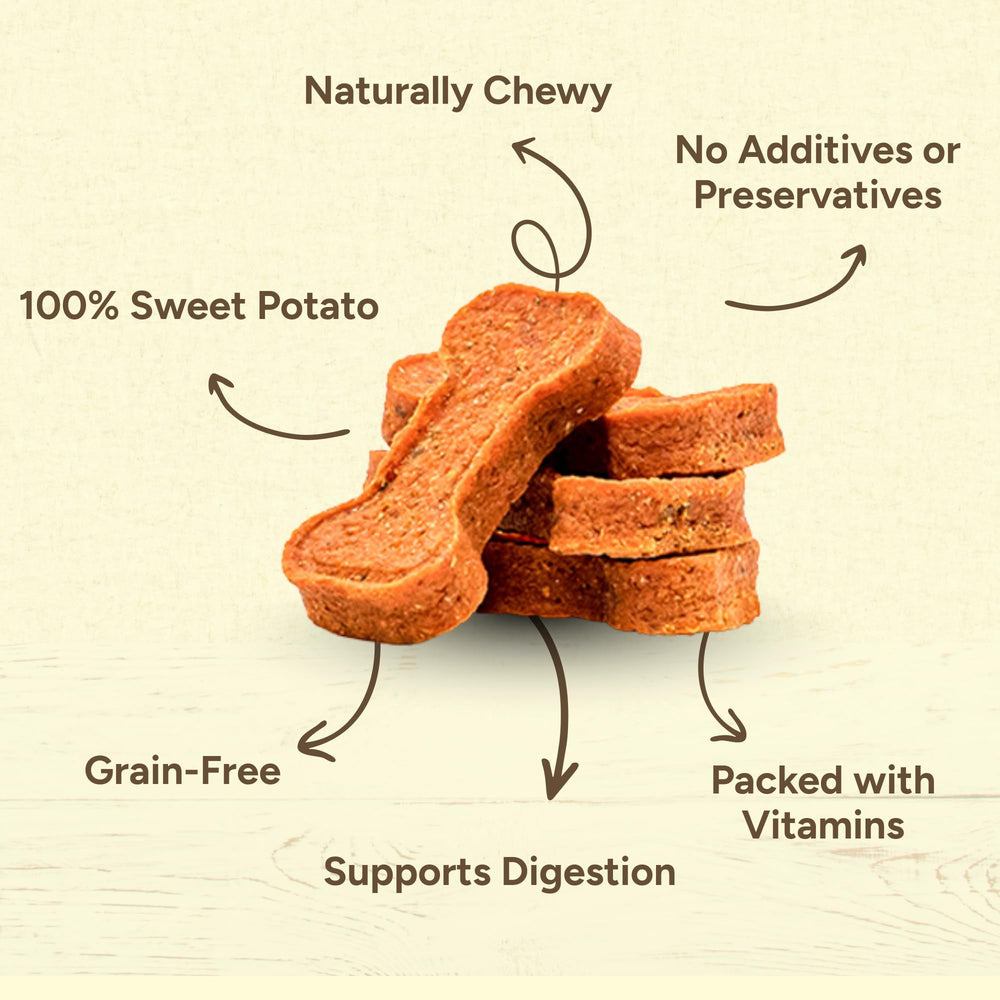 Chewy texture close-up of Gaines Family Farmstead Sweet Potato Dog Bones for easy chewing