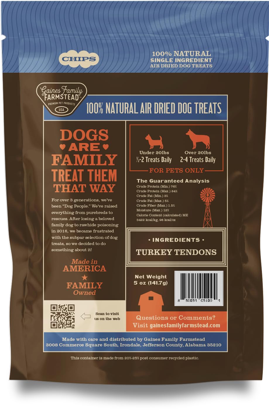 Gaines Family Farmstead turkey tendon chips farm-sourced, trusted family farms.