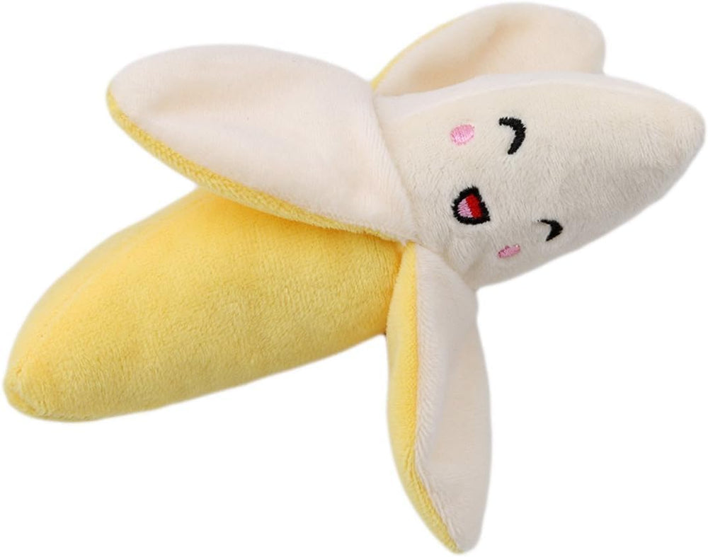 Galepromot 6-inch banana toy beside hand demonstrates ideal size for small to medium dogs