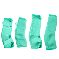 Gallopoff fly boots green pack on horse leg reducing stomping in pasture