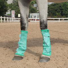 Gallopoff fly boots wide-fasteners demonstrated in pasture setting