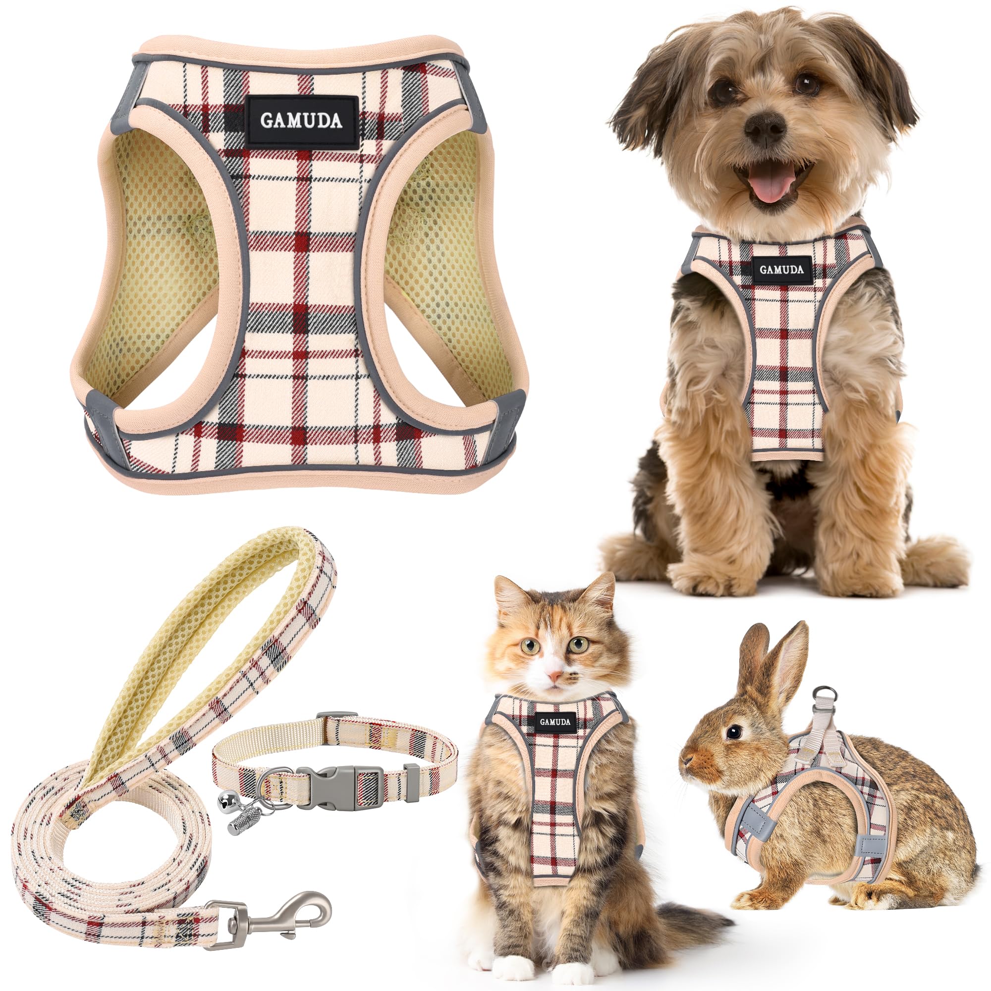 GAMUDA small dog harness plaid beige vest with breathable mesh for daily comfort.