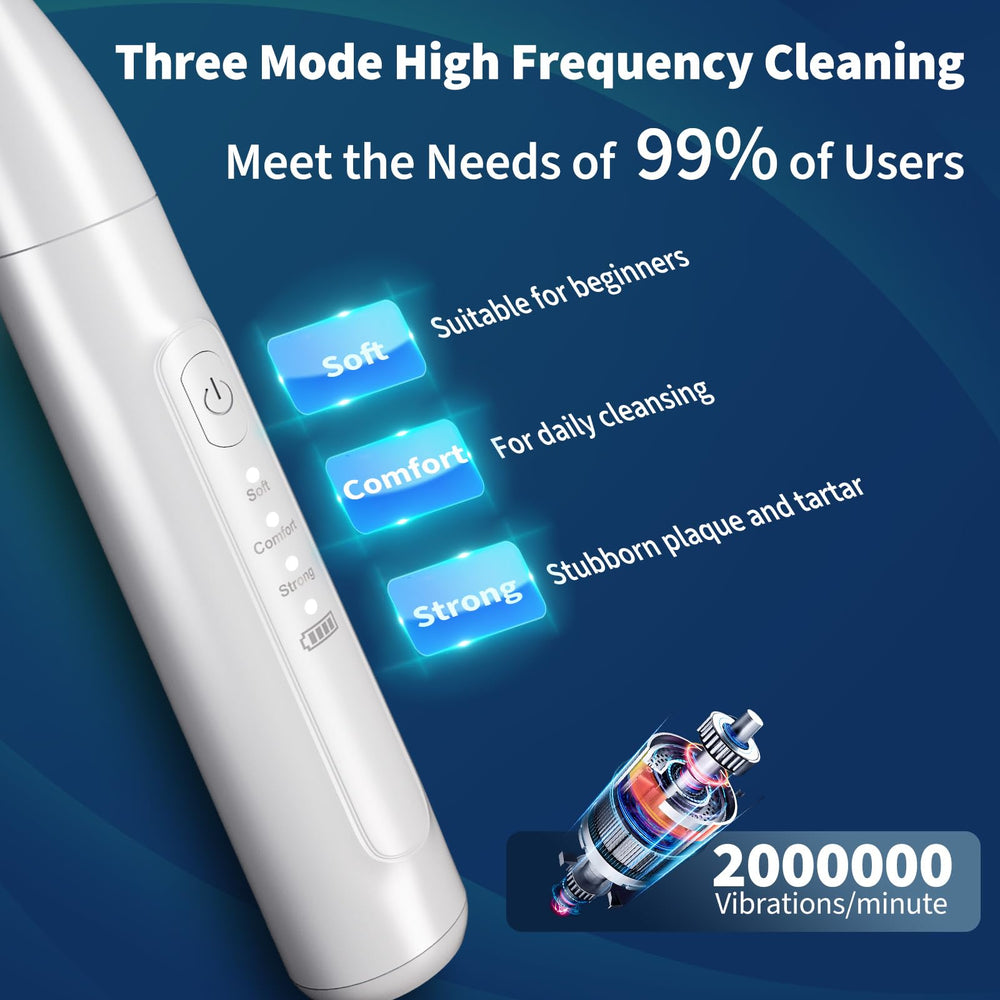 Ganciu ultrasonic cleaning head close-up ready to contact teeth for gentle action.