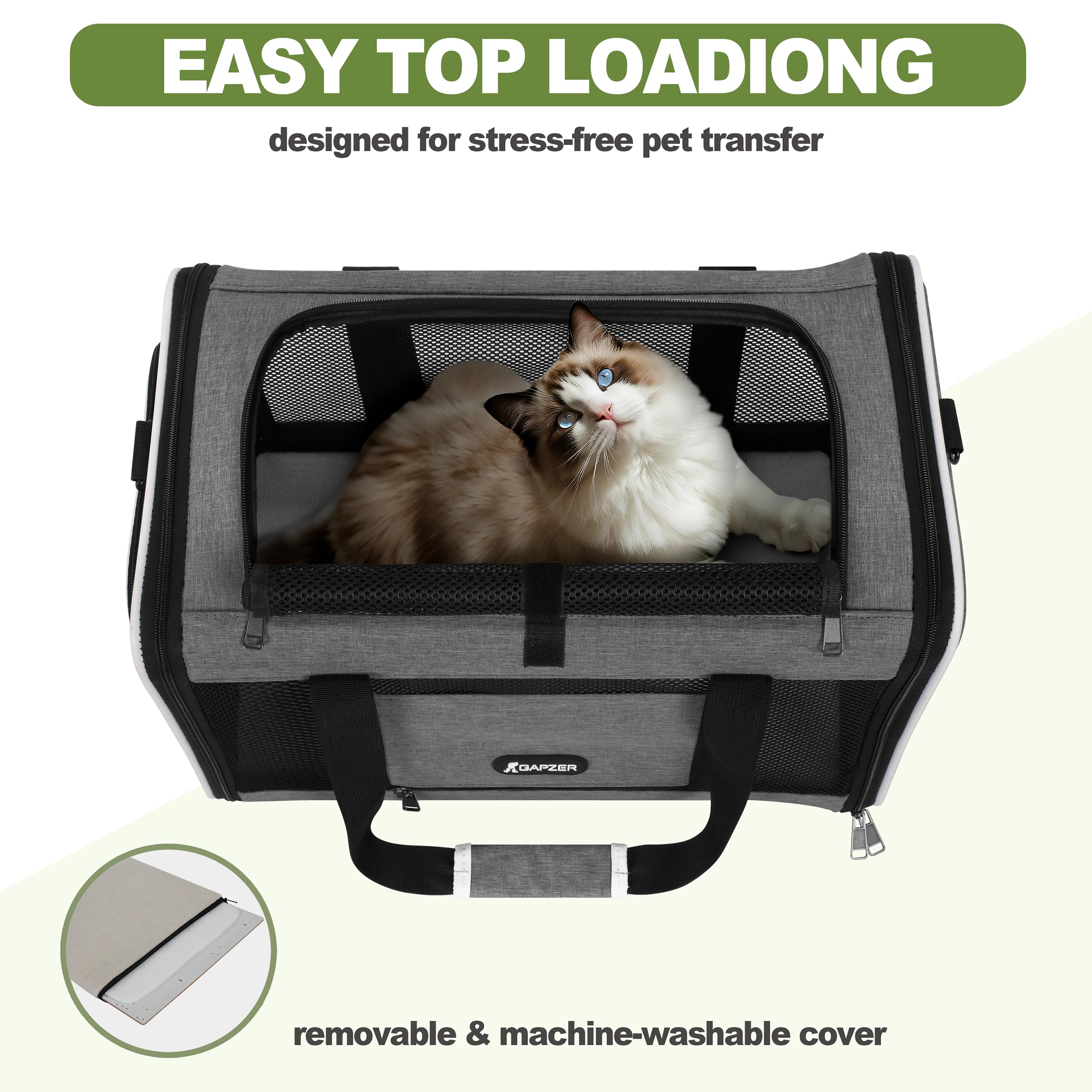 GAPZER cat carrier adjustable shoulder strap enables hands-free airport trips.