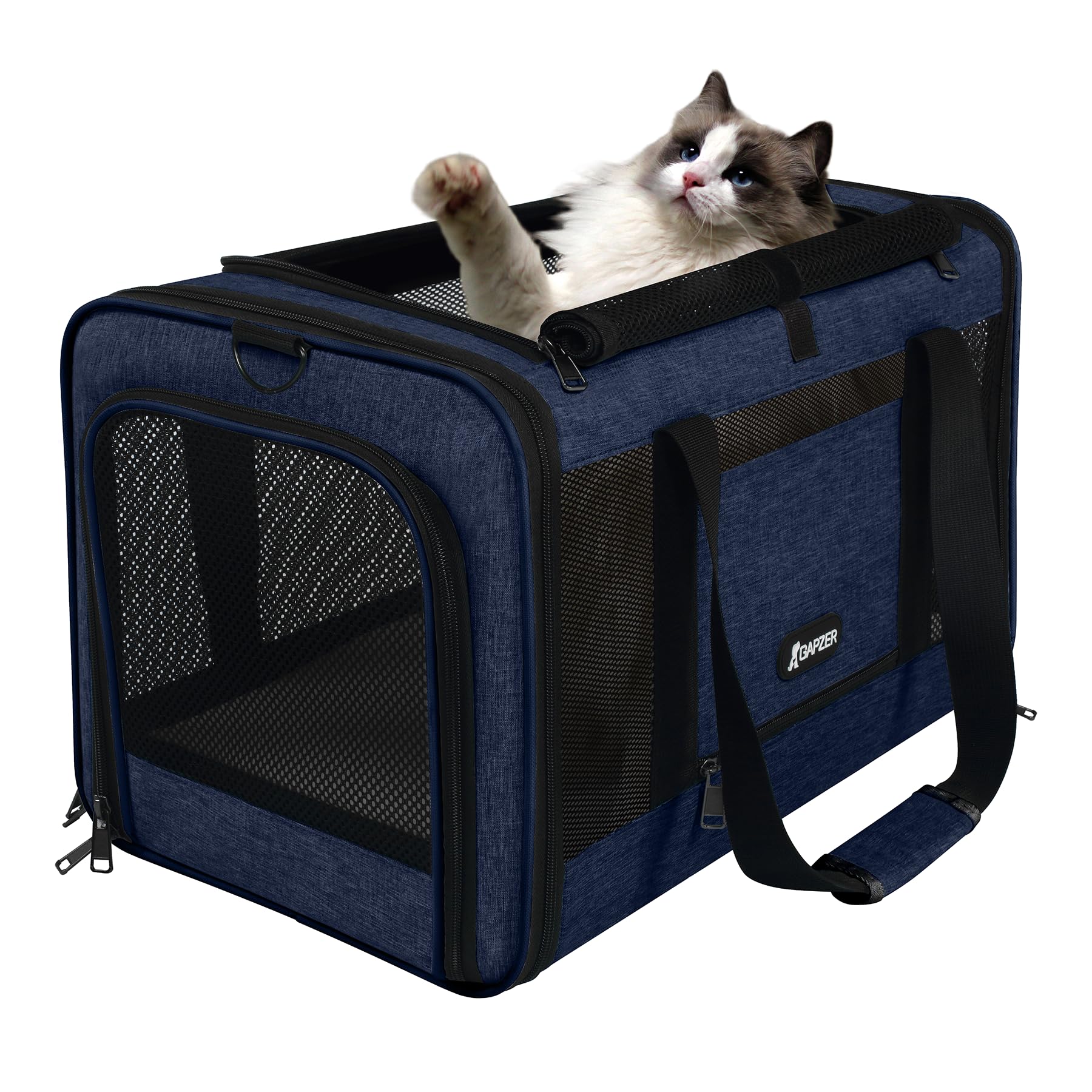 GAPZER navy cat carrier shown as durable travel case
