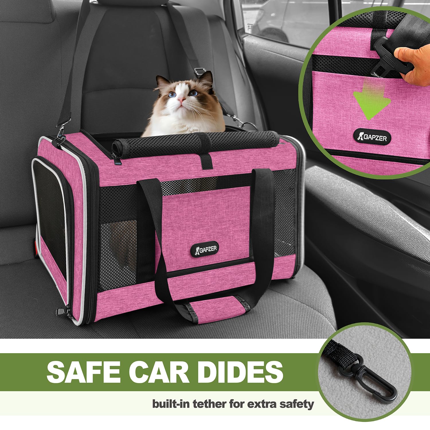 GAPZER cat carrier seatbelt sleeve attachment for car-safe transport