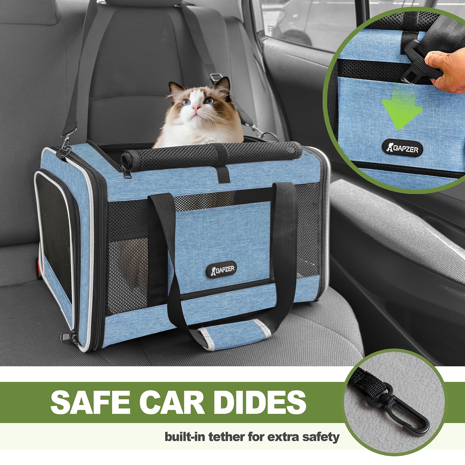 GAPZER Cat Carrier seatbelt sleeve attachment secures carrier in car