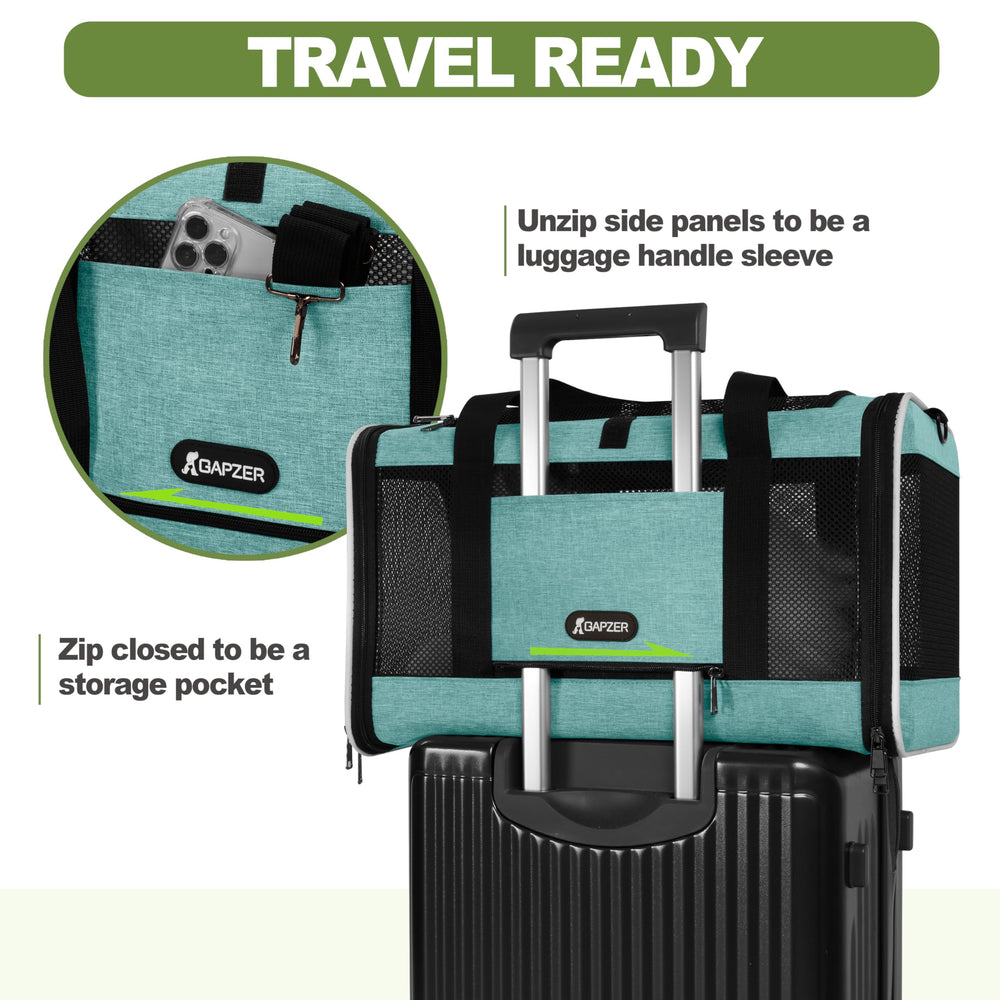 Gapzer cat carrier teal adjustable strap supports hands-free travel.