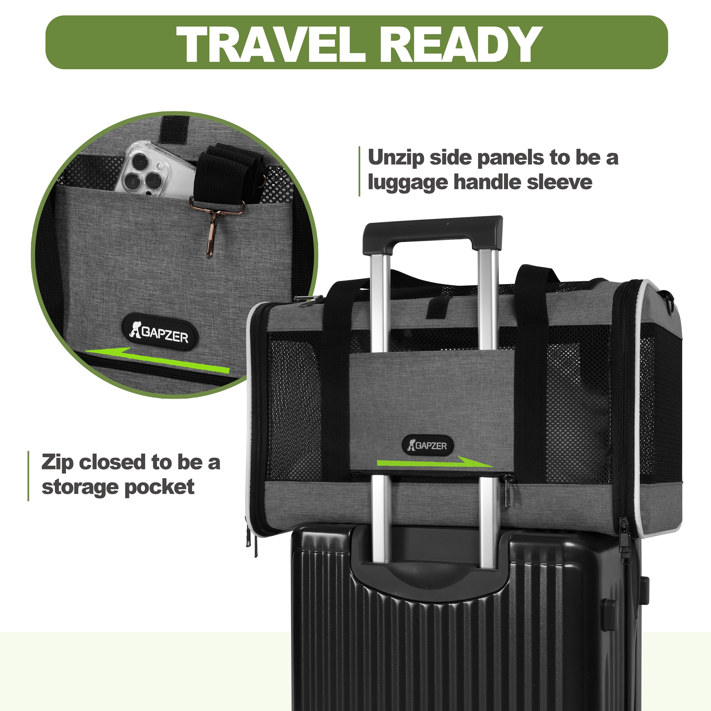 GAPZER cat carrier top opening and side door ease loading and quick checks.