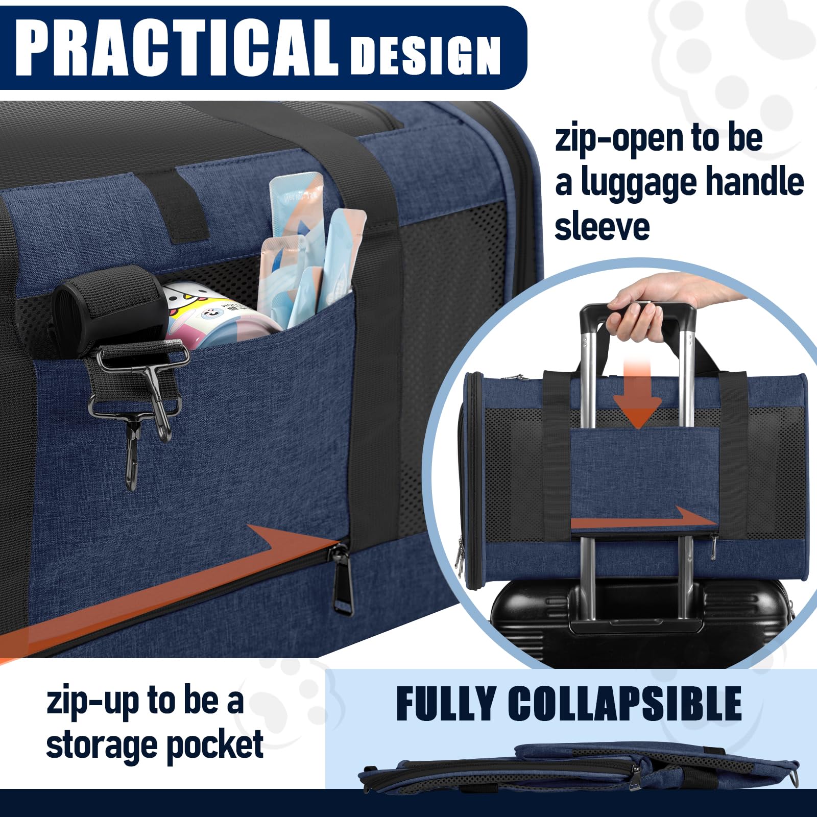 GAPZER dog carrier navy, side ventilation, breathable mesh promotes airflow for comfort.