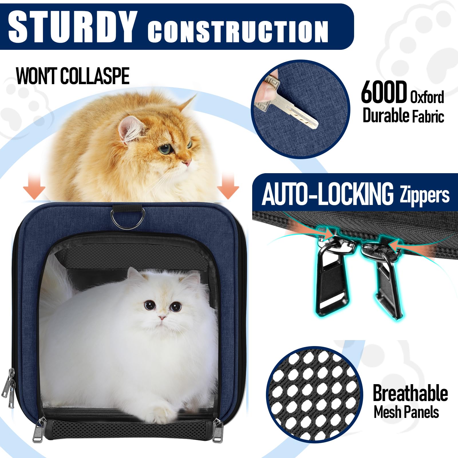GAPZER dog carrier navy, top roll-up entry with Velcro and side zip.