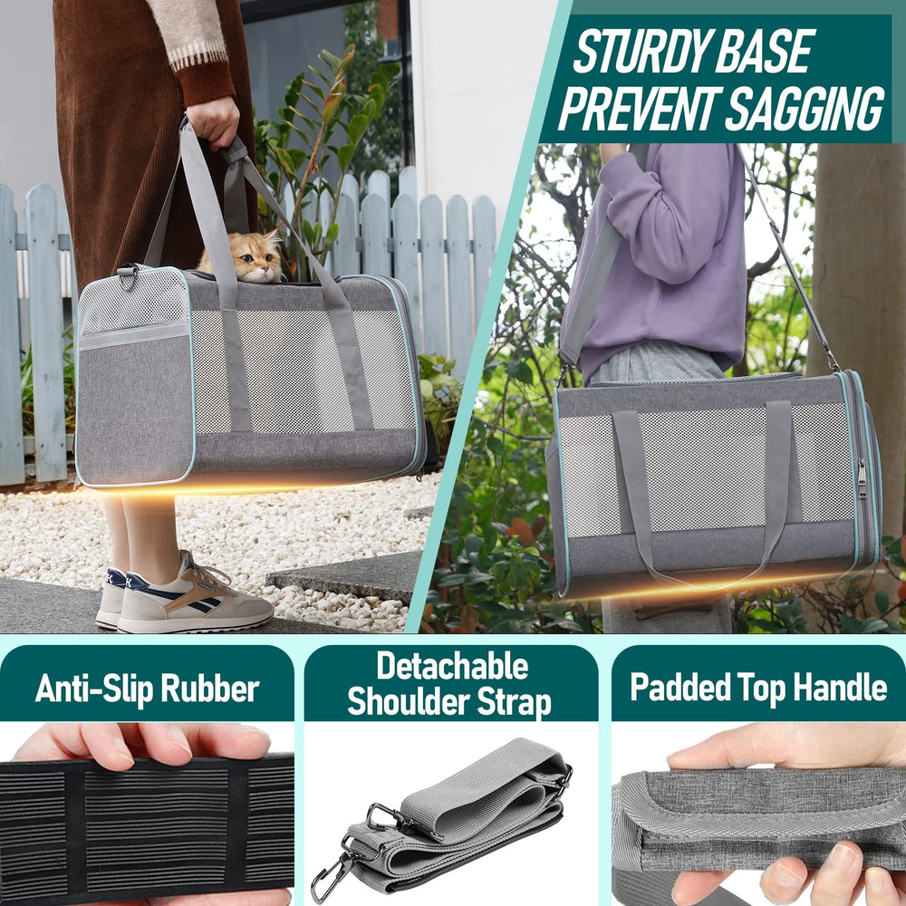 GAPZER pet carrier auto-locking zippers and inner tether with reflective stripe safety.