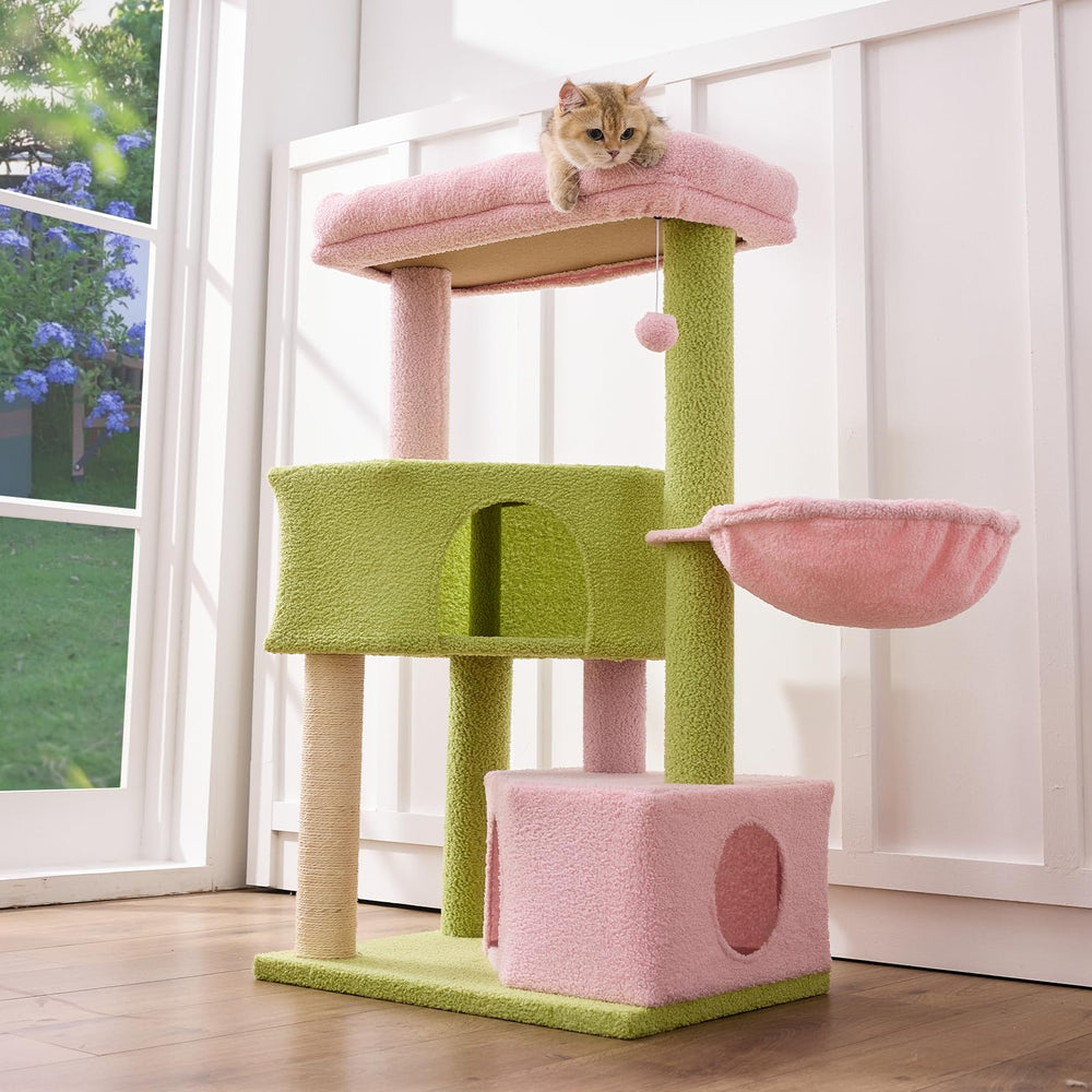 Gardner Pet 41-tall pink-green cat tree base showcases sturdy stability for medium to large cats.