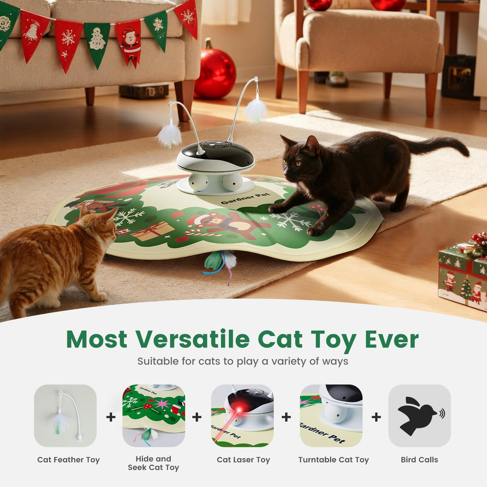 Gardner Pet 5-in-1 interactive toy diagram showing multi-cat entertainment options.
