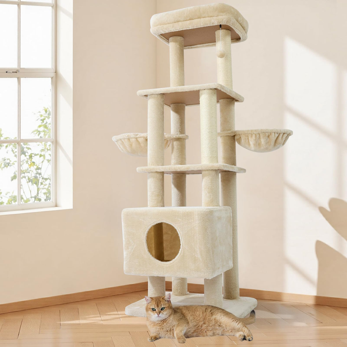 Gardner Pet 65in cat tree base shows anti-slip stability for multi-cat use.