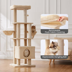 Gardner Pet 65in cat tree posts wrapped in plush for durability and scratching.