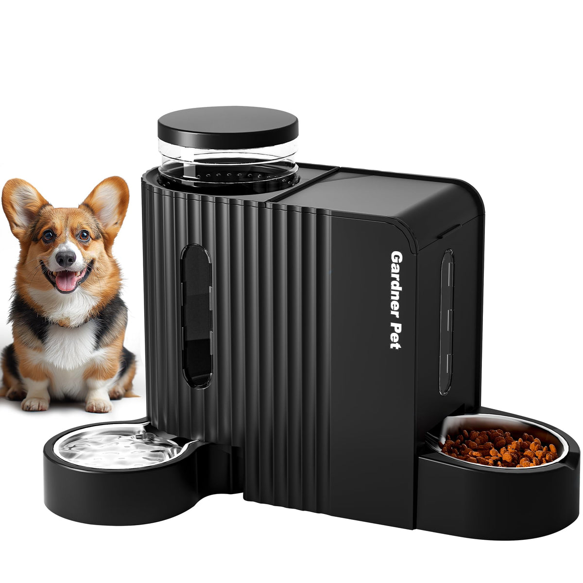 Gardner Pet automatic gravity feeder assembly enables hands-free meals for traveling families