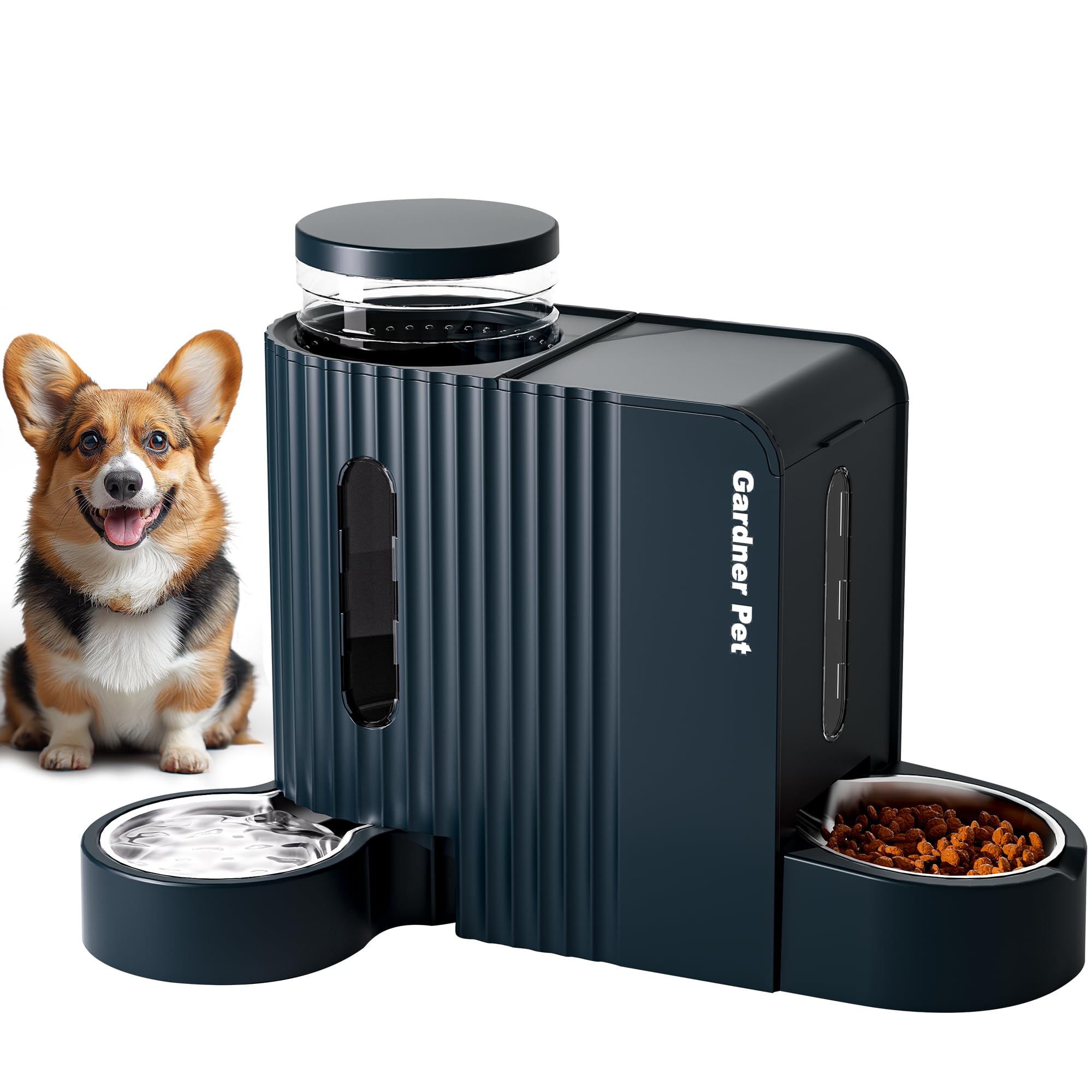 Gardner Pet automatic gravity feeder and water dispenser in dark blue for hands-free pet meals