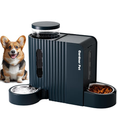 Gardner Pet automatic gravity feeder and water dispenser in dark blue for hands-free pet meals