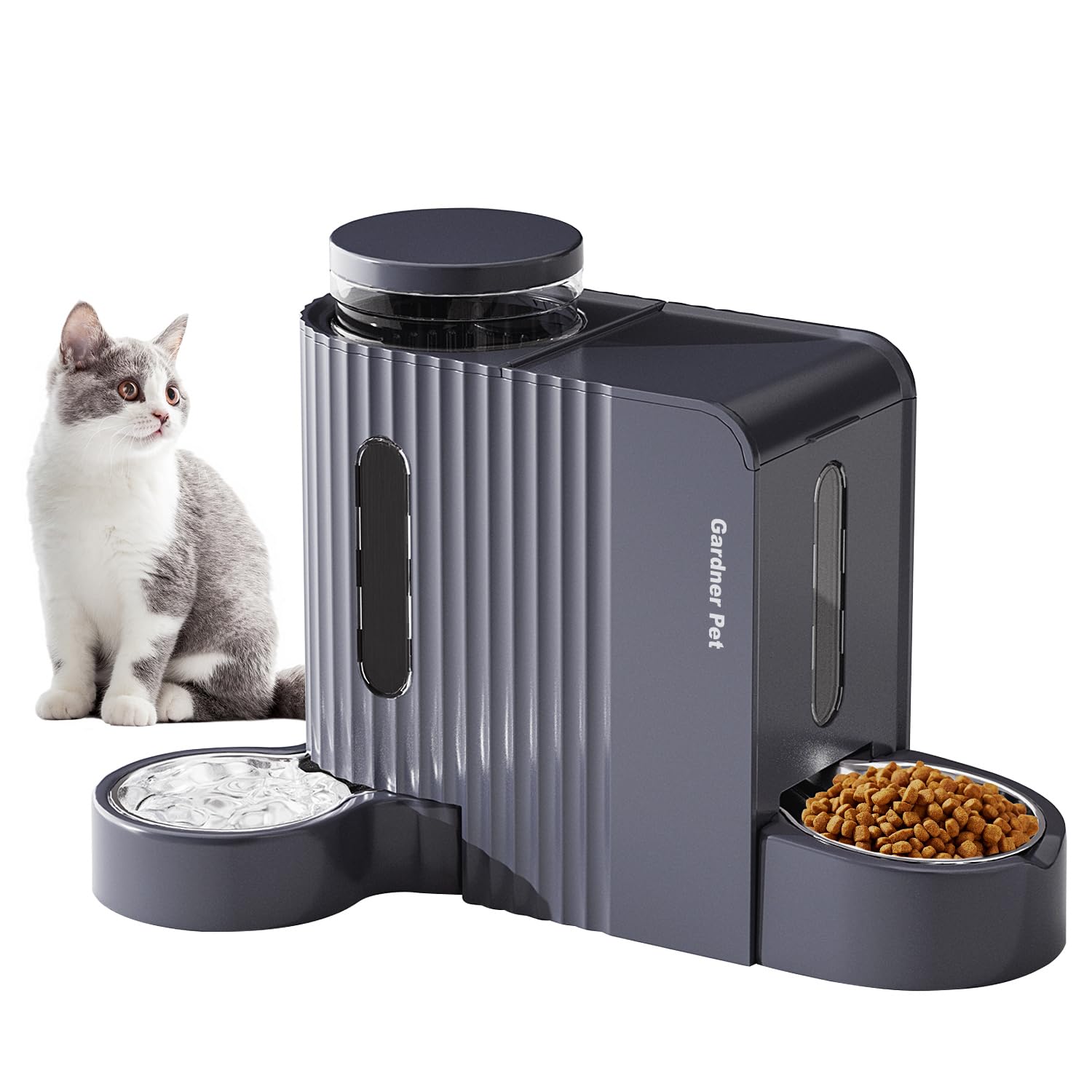 Gardner Pet automatic gravity feeder and water dispenser—front view for dual-pet feeding.