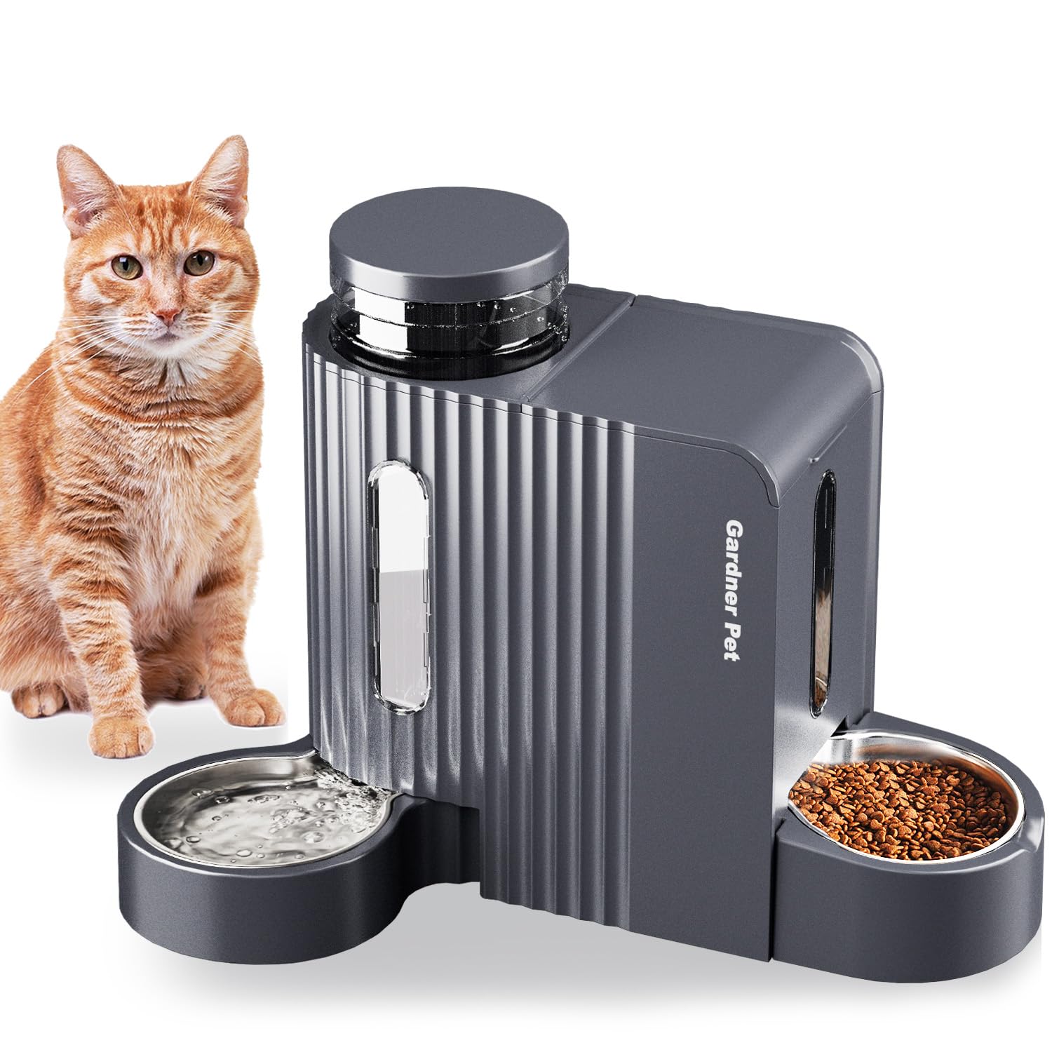 Gardner Pet gravity feeder and water dispenser front view, two-in-one convenience for pets.