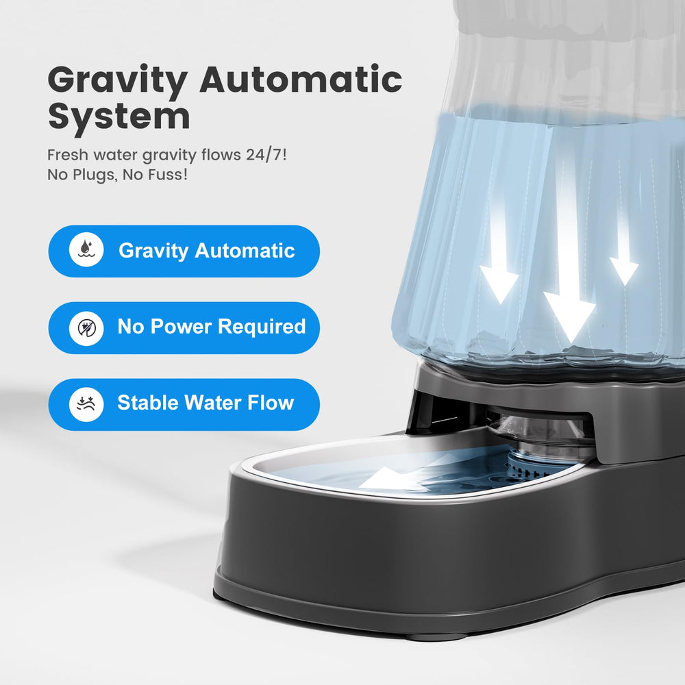 Gardner Pet gravity water dispenser side view highlights 1.6 gallon capacity for busy homes.