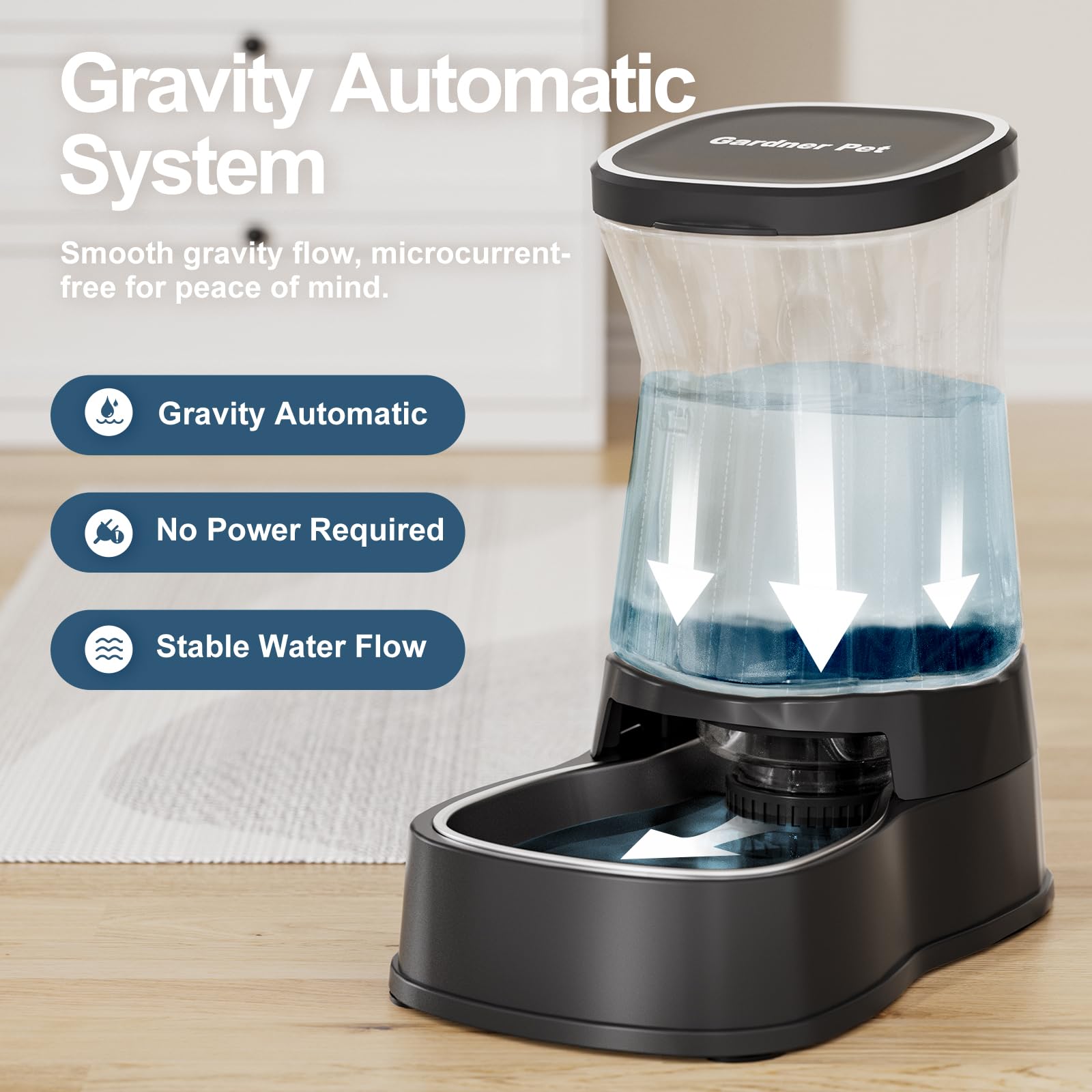 Gardner Pet gravity dispenser three-point-eight-five-liter capacity ensures long water supply for households.