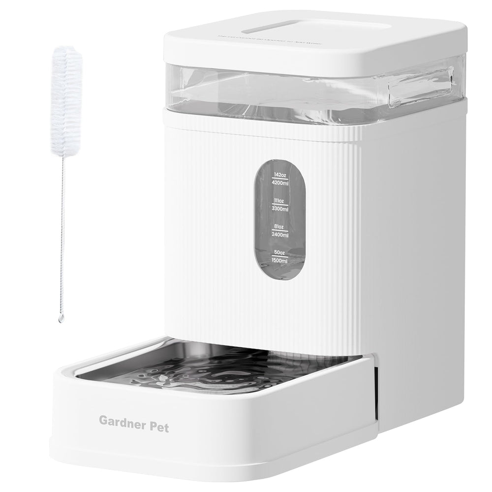 Gardner Pet automatic water dispenser with stainless bowl delivers steady hydration for dogs and cats.