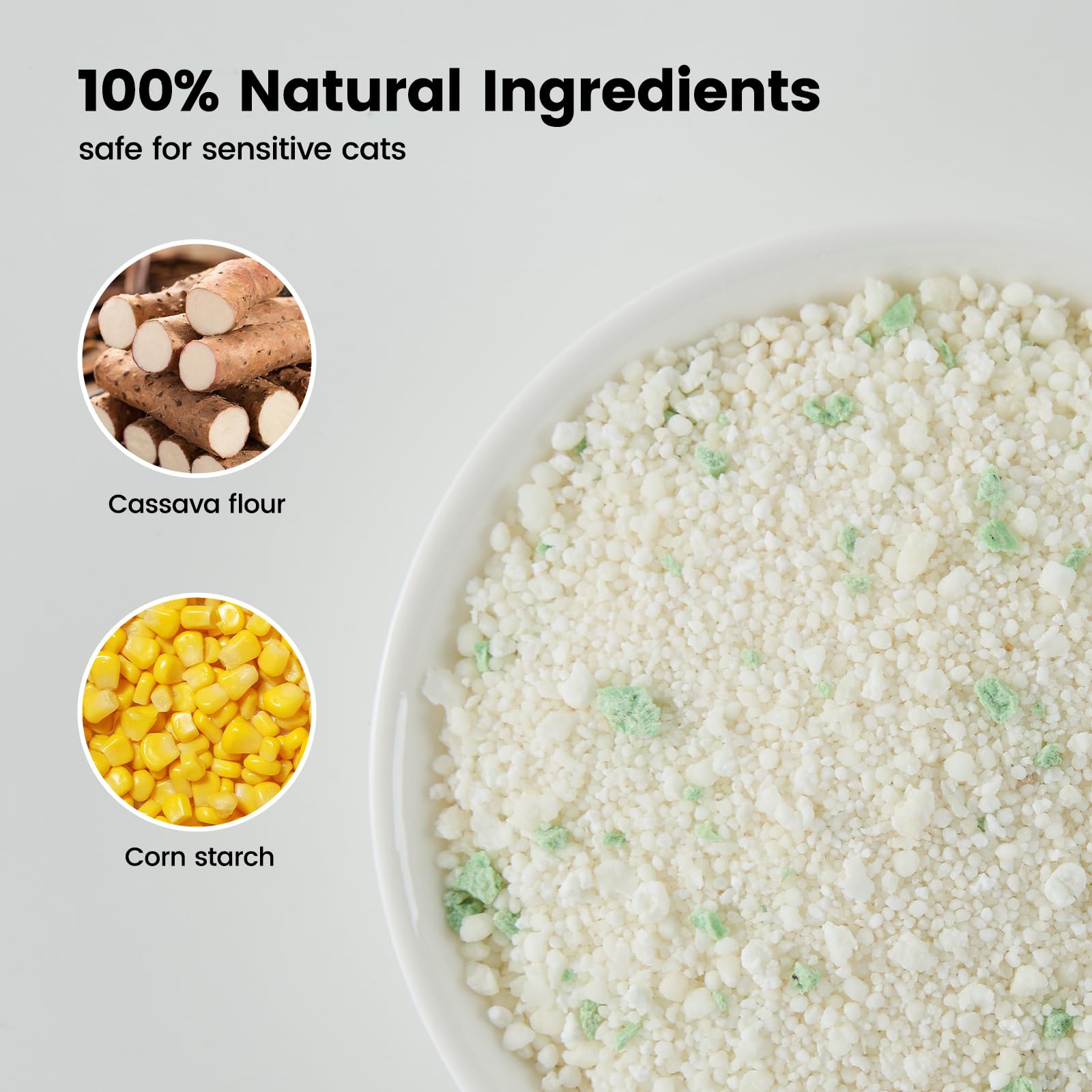 Gardner Pet Cassava Cat Litter fast clumping texture speeds scooping and reduces mess.