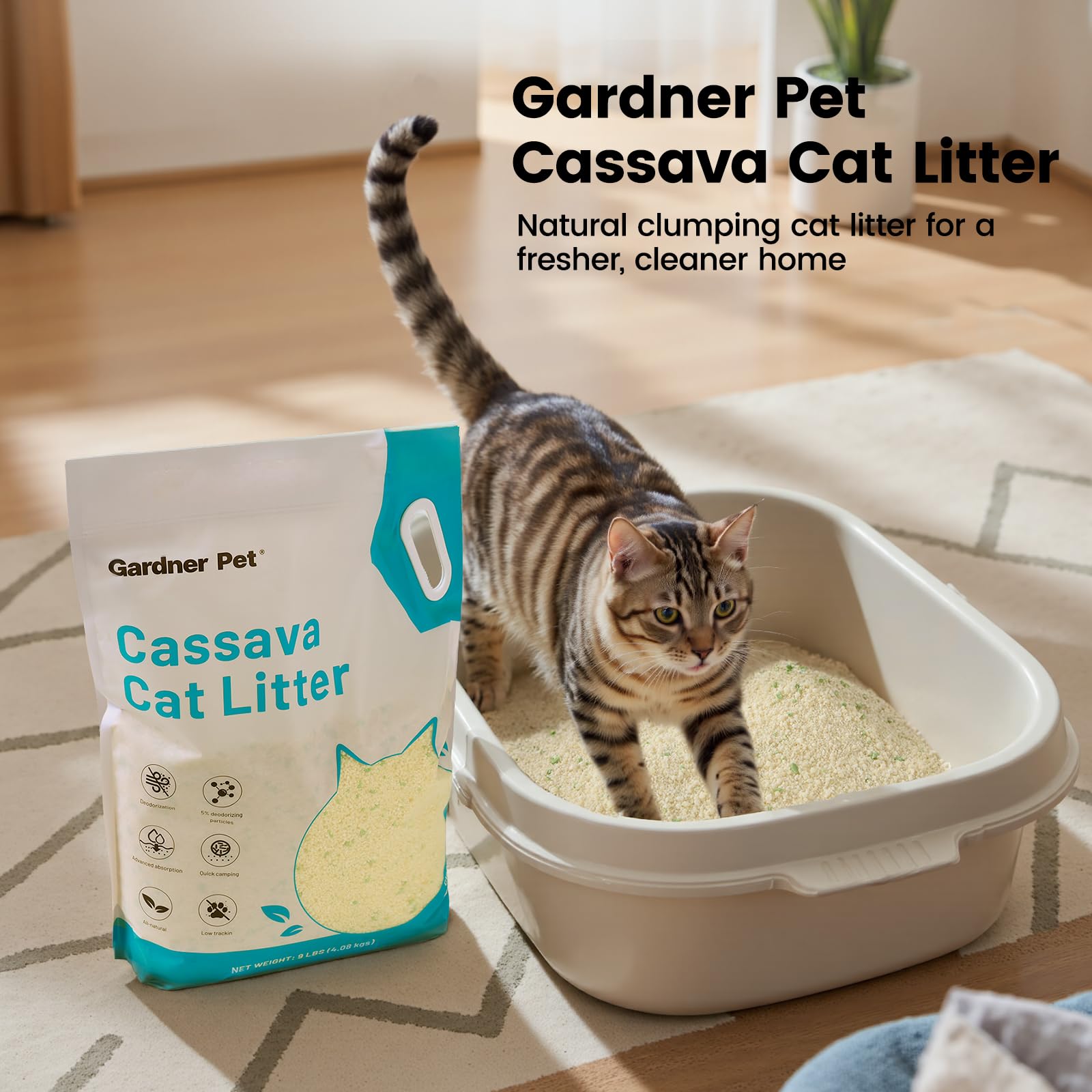 Gardner Pet Cassava Cat Litter long lasting absorption extends litter life.