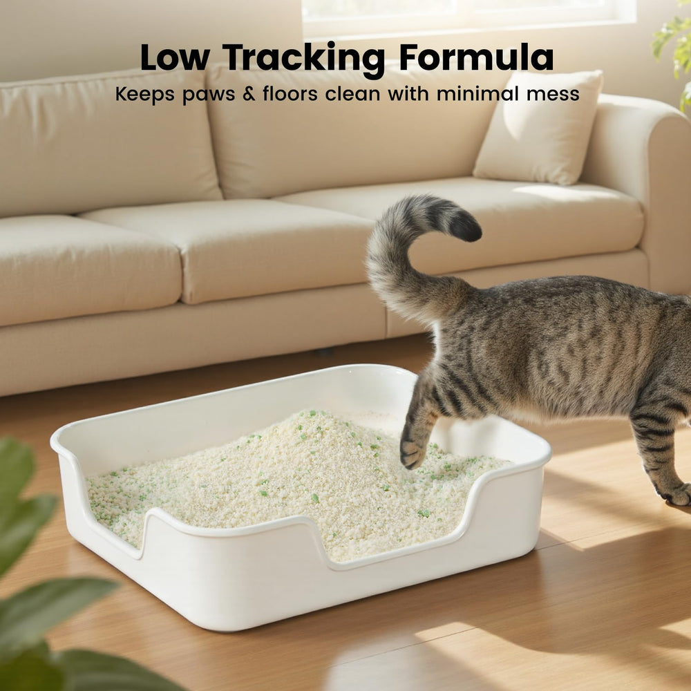 Gardner Pet Cassava Cat Litter low tracking pellets minimize spill on floors.