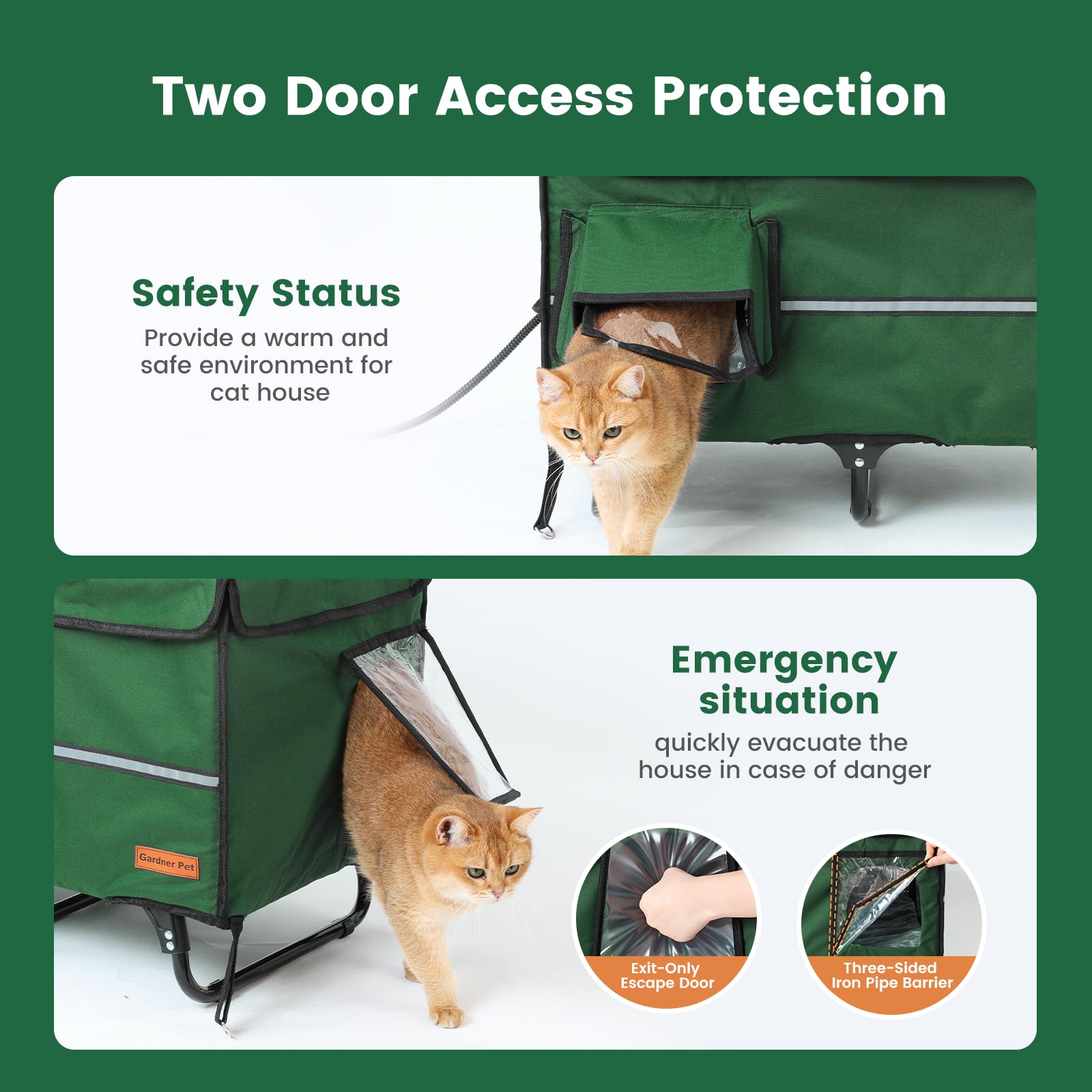Gardner Pet cat house escape door demonstrates secure, draft-free exit in green